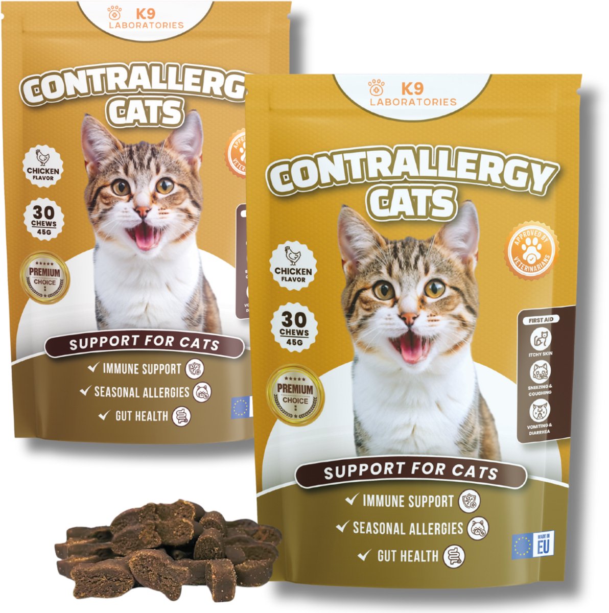 Contrallergy Kat - Voedingssupplement voor katten met allergie - Kattensnoepjes - Niezen, hoesten, jeuk, rode huid, wondjes, vachtverlies, atopie kat, dermatitis kat - 100% natuurlijk - 60 stuks