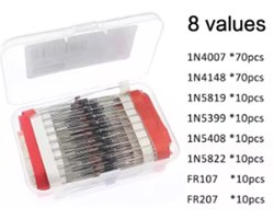 Diode assortiment set 200 stuks 8 waarden 1N4148 1N4007 1N5399 FR107 FR207 1N5819 1N5408 1N5822