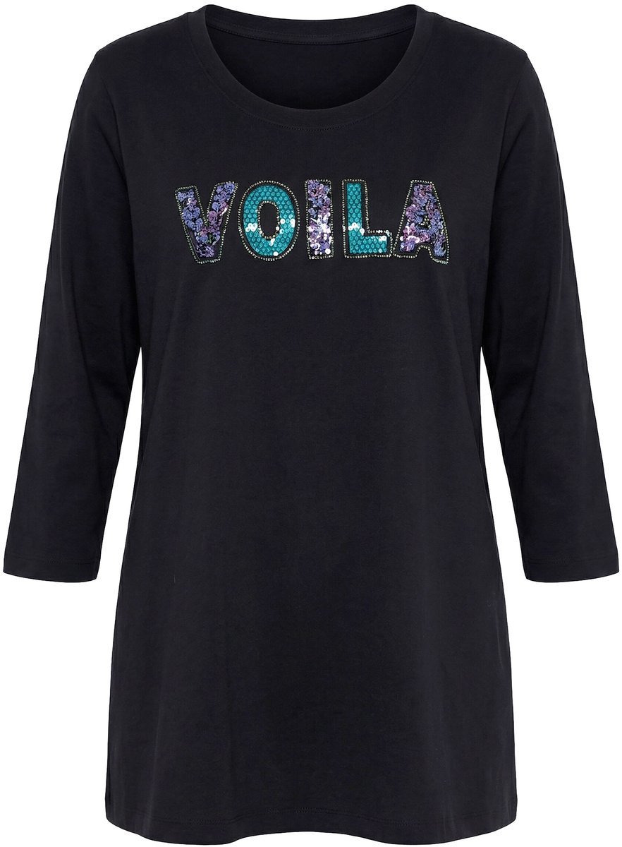 MIAMODA - Dames - T-shirt A-lijn VOILA-applicatie 3/4-mouwen - Zwart - Maat 54