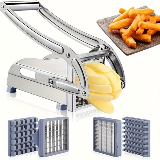 Roestvrijstalen frietsnijder met aardappel, met verwisselbare snijbladen.