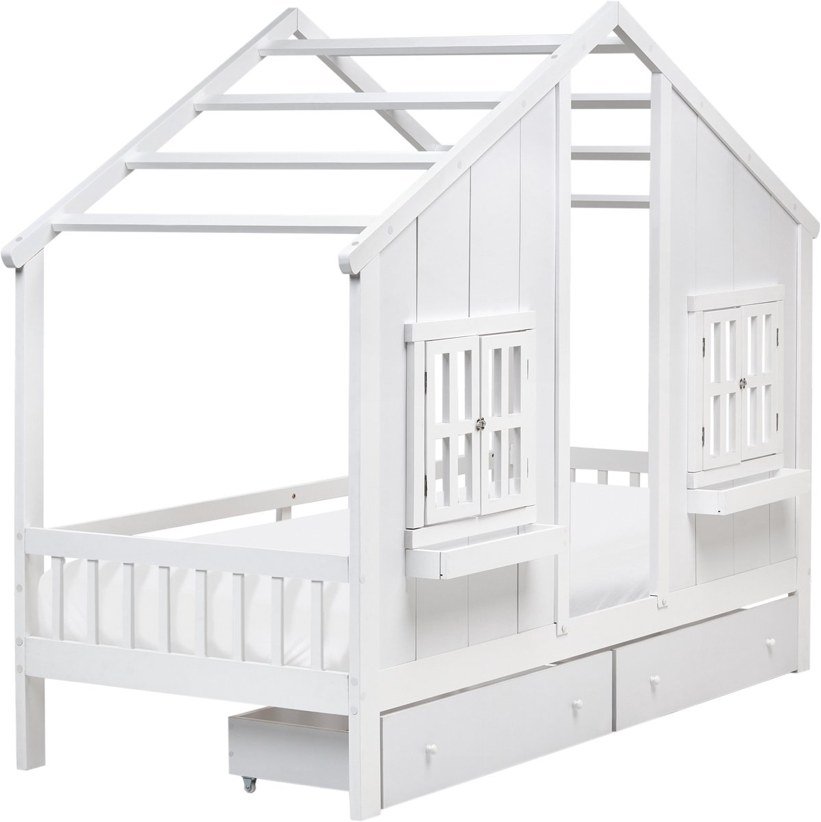 TRAPPES - Kinderbed met laden - Wit - 90 x 200 cm - Dennenhout