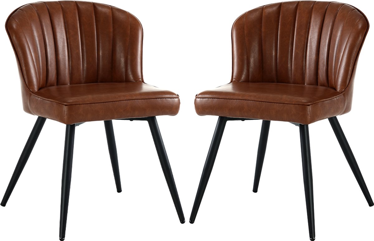 chairus Eetkamerstoel Set van 2 stoelen - Bruin - Kunstleer - Met Metalen Poten - Schelpvormige rugleuning - Armloze stoelen - Gewatteerde zitting - Voor de Woonkamer en Keuken
