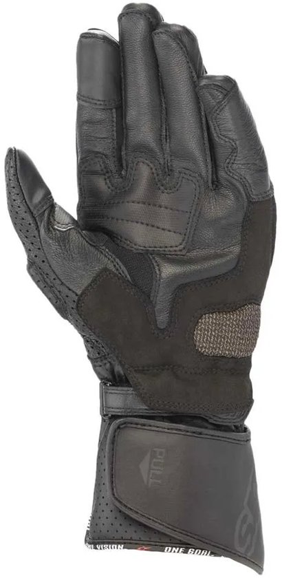 Zwarte Alpinestars SP-8 V3 motorhandschoen, achterkant, met 'PULL' sluiting.