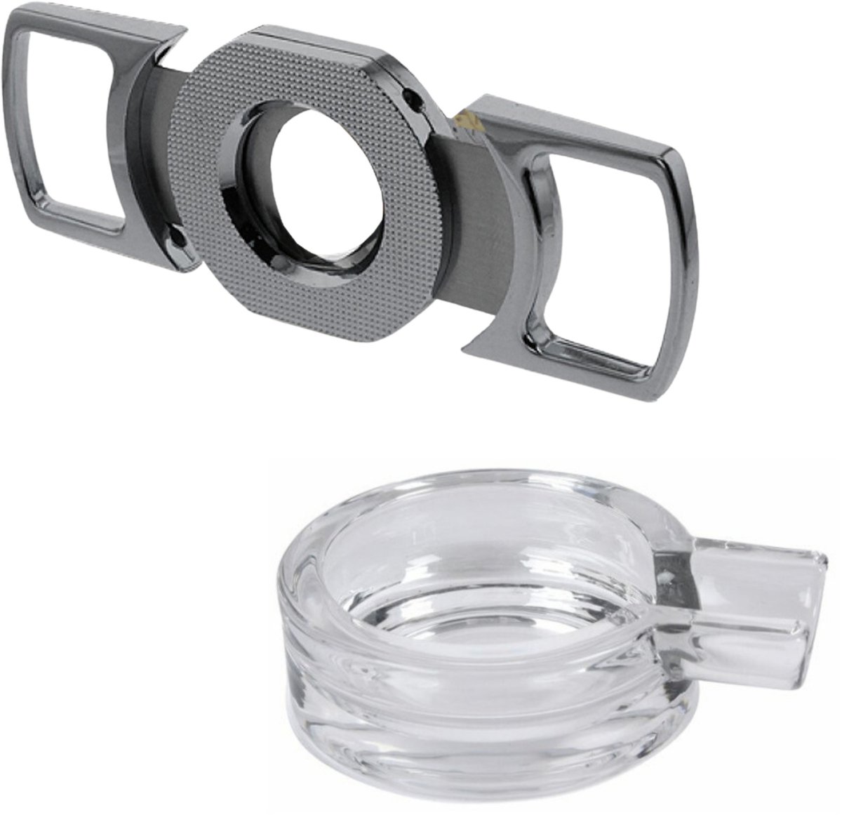 Sigaren set - asbak - glas - D15 cm - sigarenknipper - 26 mm - zilver