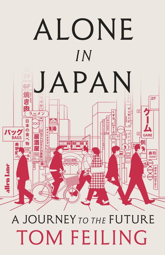 Boekcover met rode illustratie van mensen die een straat oversteken in Japan, met Japanse tekst en de titel 'ALONE IN JAPAN'.