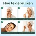 Vier afbeeldingen die de stappen tonen voor het aanbrengen van het collageen nachtmasker: reinigen, aanbrengen, slapen, afpellen.