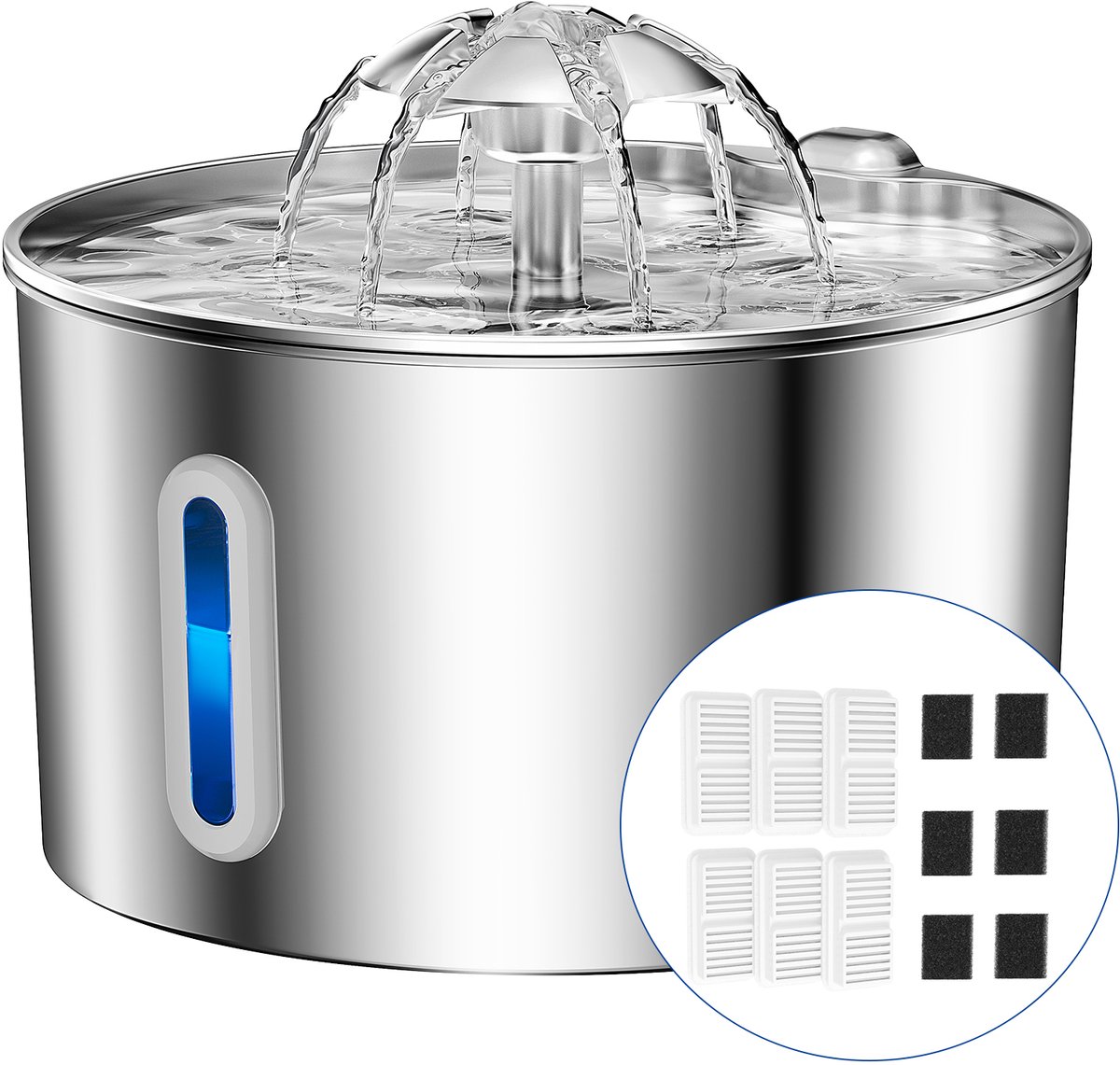 BalimoPet Drinkfontein Kat en Hond - 2.2L - RVS - Waterfontein met Venster - Kattenfontein - Fluisterstil - Incl. 3 Filters en 3 Sponzen + Cleaning tool - Waterdispenser - Kattenfontein