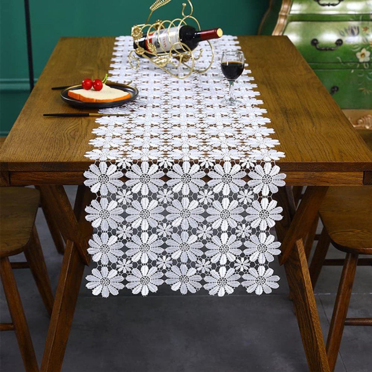 Tafel Loper Polyester Kant Wit Bloemen Minimalistisch Design 40 X 120 Cm