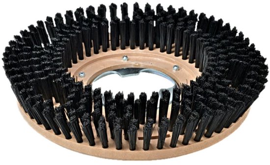 Ronde nylon schrobborstel met zwarte haren en een bruin/beige kunststof bevestiging.