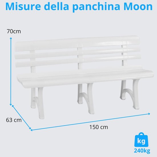 Witte Moon tuinbank met afmetingen van 150 cm breed, 63 cm diep en 70 cm hoog, draagvermogen van 240 kg.