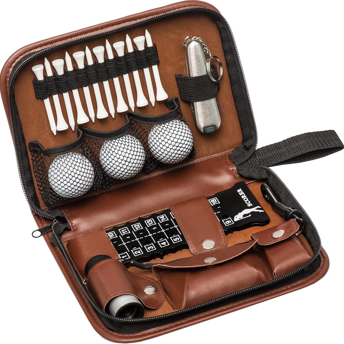 Golfaccessoire organizers geschikt voor mannen en vrouwen, met een hoogwaardig pakket aan golfaccessoires, waaronder golfballen, afstandsmeters, clubkoppen, borstels, multifunctionele tools, scoreborden en golfclips.