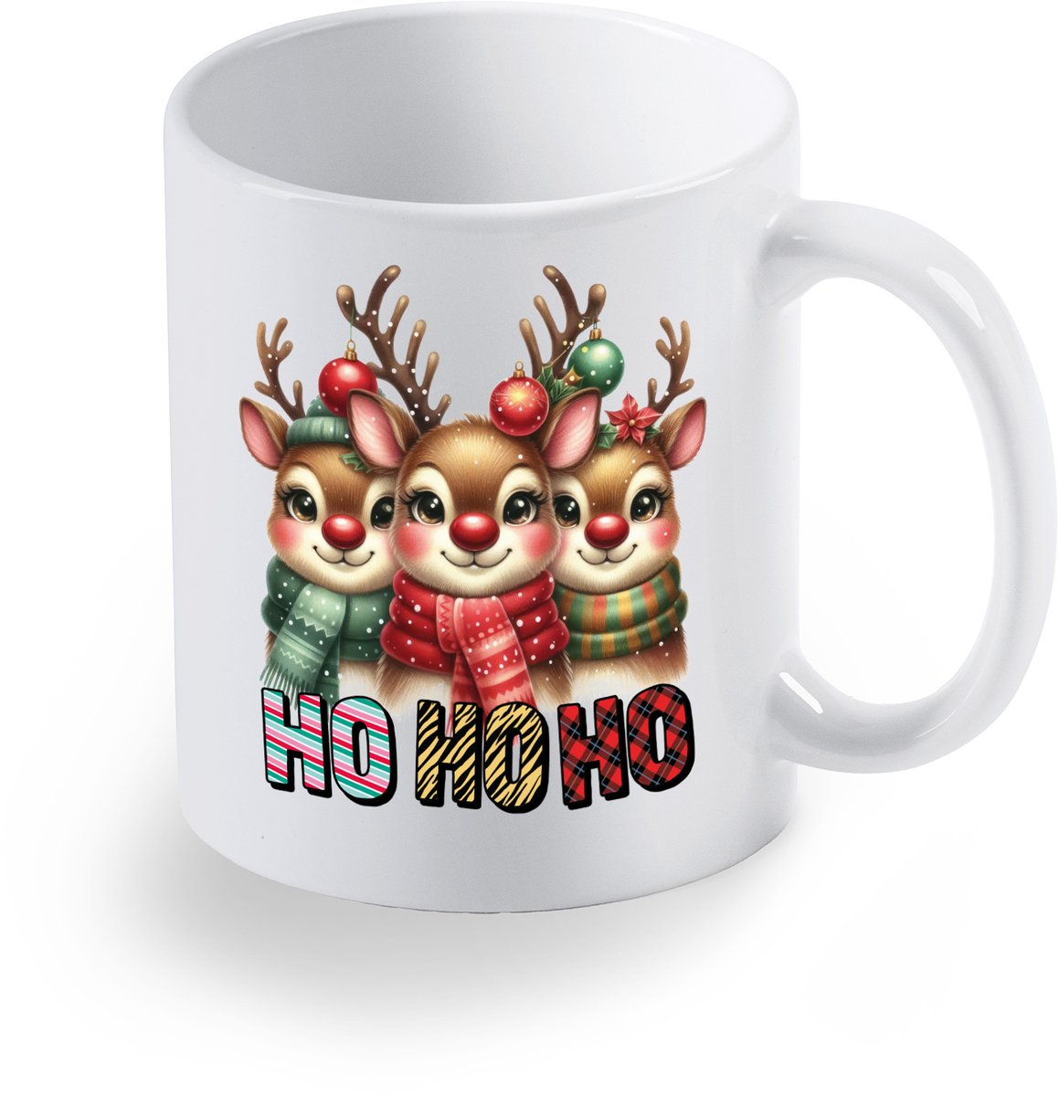 Bedrukte beker 3 Kersthertjes met sjaals en kerstballen – Ho Ho Ho - Koffie mok - Geschenk - gepersonaliseerd cadeau