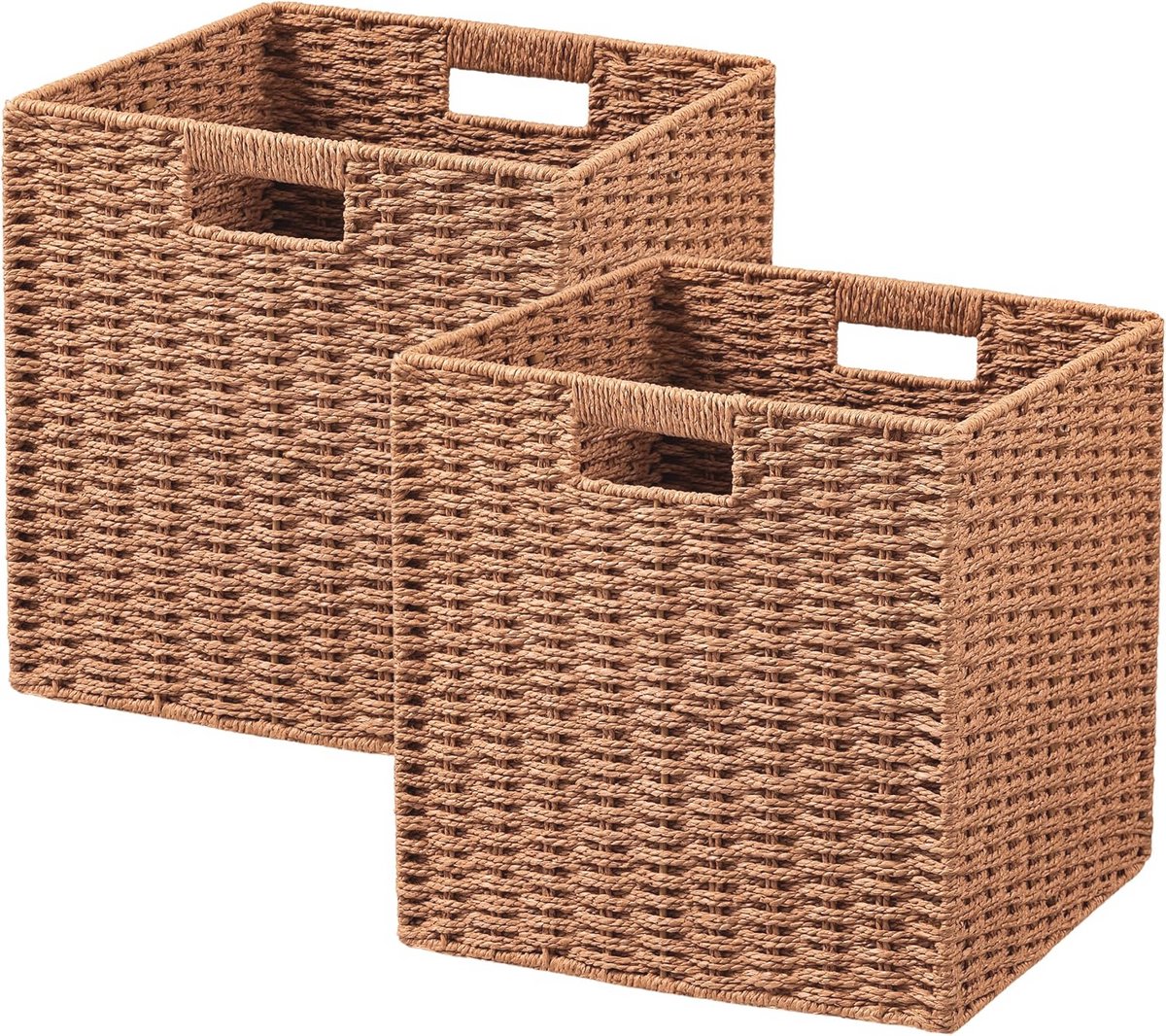 Rieten opbergmand 30 x 20 x 28 cm - Geweven papieren touw - Opvouwbare manden voor planken met handvat - Set van 2