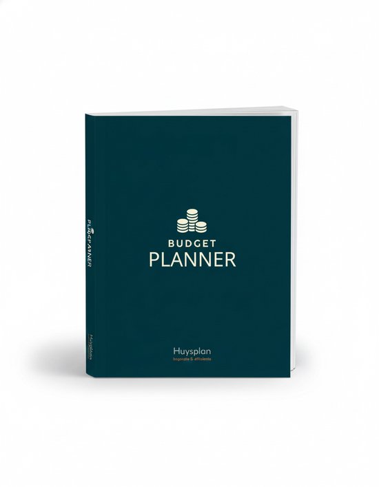 Donkergroene budgetplanner met gouden opdruk 'Budget Planner' op een witte achtergrond, staand.