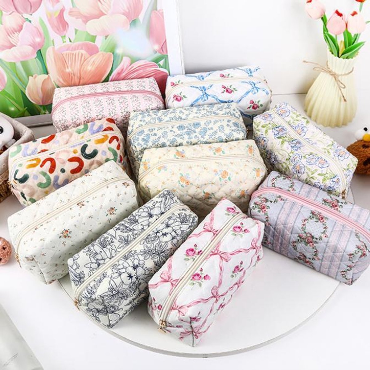 Cosmeticatasje bloemen tropisch etui mapje toilettas dames make-up tas ritssluiting volledige print