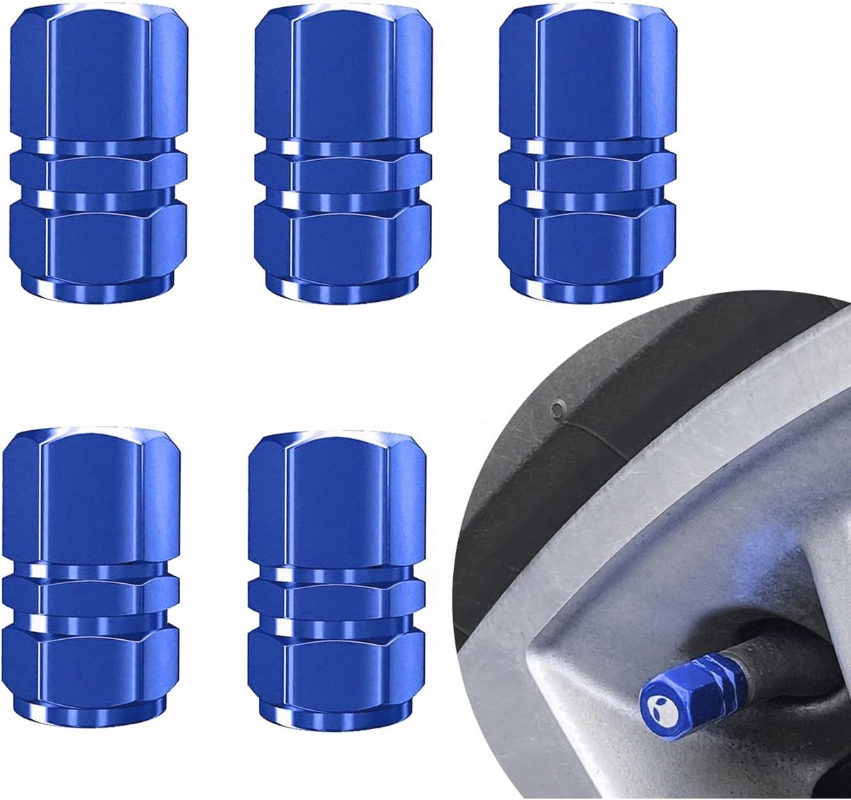 Ventieldoppen Set van 5 - Zeskant Ventiel Doppen voor Auto's, Fietsen en Motoren - Aluminiumlegering - Stofafdekking Kleurvariant Blauw
