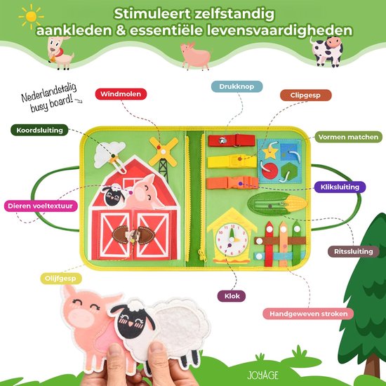 Een groen Montessori-bord met boerderijdieren en activiteiten zoals een windmolen, klok, rits en knopen. Grote afbeeldingen van een varken en schaap. Tekst: "Stimuleert zelfstandig aankleden & essentiële levensvaardigheden"
