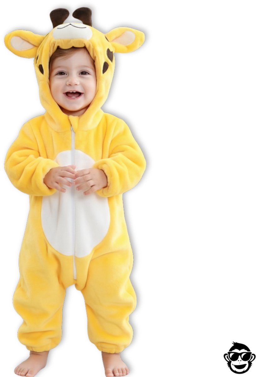 BoefieBoef Dieren Baby Onesie Peuter Pyjama Kinderen 6 maanden tot 2 jaar – Giraffe – Verkleedkleding met Luierrits – Carnaval Dierenpak - Kerst en Kraamcadeau - Zacht Flanel - Romper - Boxpak - Jongens - Meisjes - Kruippak - Winterpak - Geel Bruin — afbeelding 6