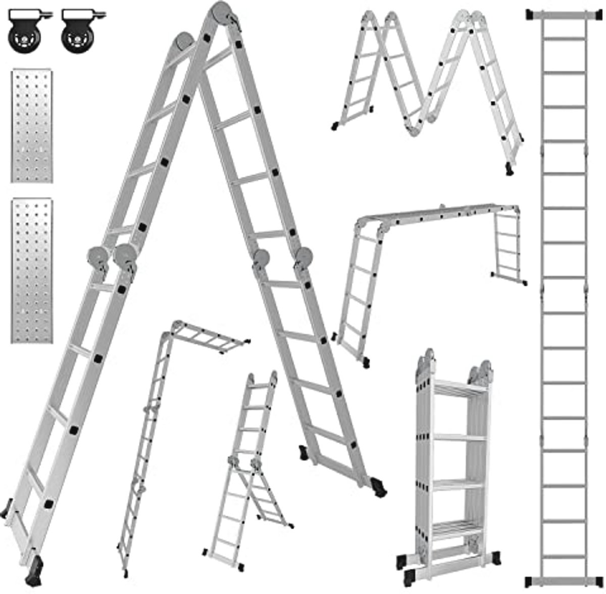 Multifunctionele 7-in-1 Aluminium Ladder tot 150 kg - 4,7 m Hoogte met Transportwielen en Platformen