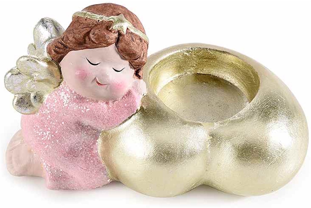 Waxinelichthouder - Gouden Hart met Knielend Engeltje - 13,5 x 8,5 x 8,5 cm - Resin