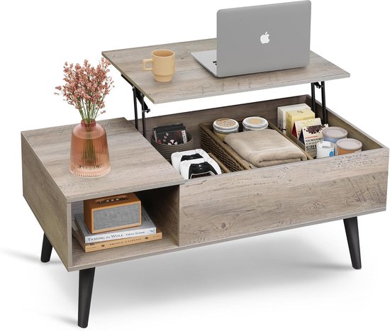 salontafel met opklapbaar blad, ronde salontafel van 35,3 inch met extra opbergvakken, opvouwbare salontafel voor de woonkamer, zwart | NL