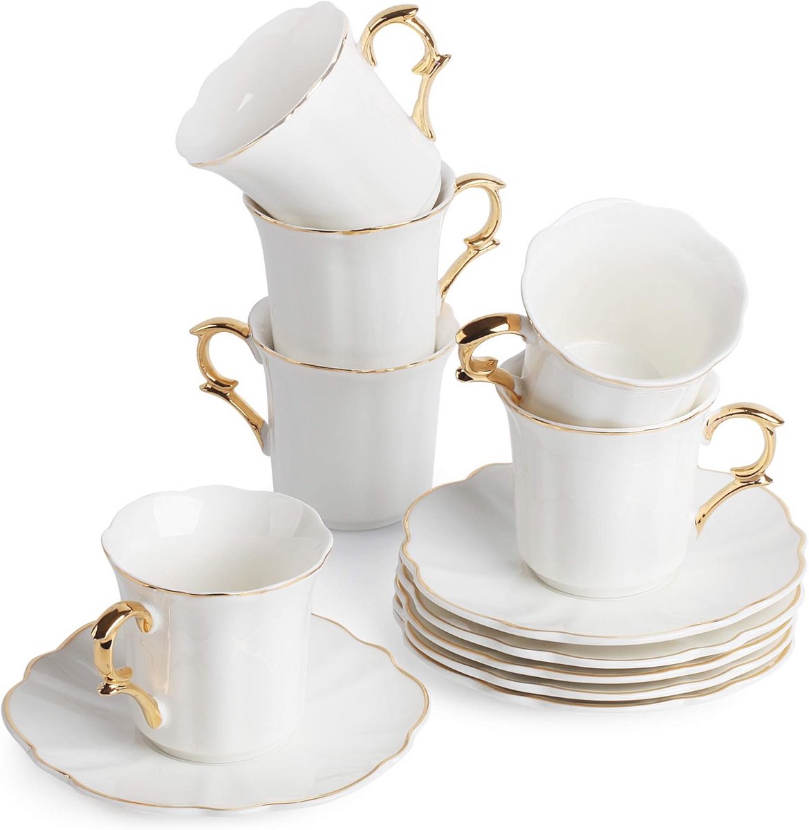 Set van 6 Witte Espsressokopjes met Gouden Rand en Schotels - Vaatwasmachinebestendig Porseleinen Koffiekopjes voor Koffieliefhebbers
