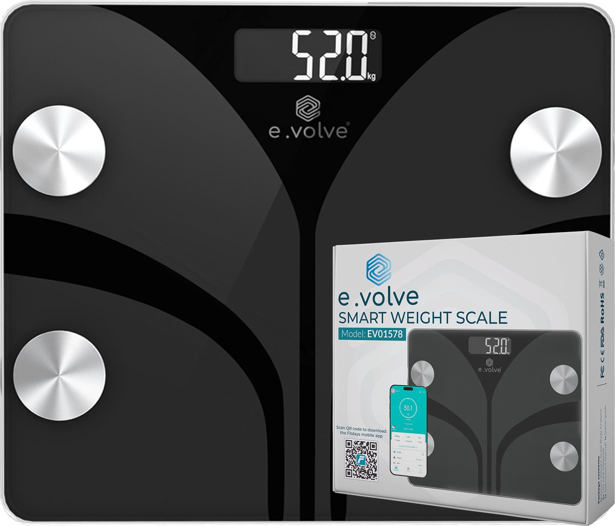 e.volve Slimme Weegschaal - 14x Lichaamsanalyse o.a. Vetpercentage - Digitale Personenweegschaal met App
