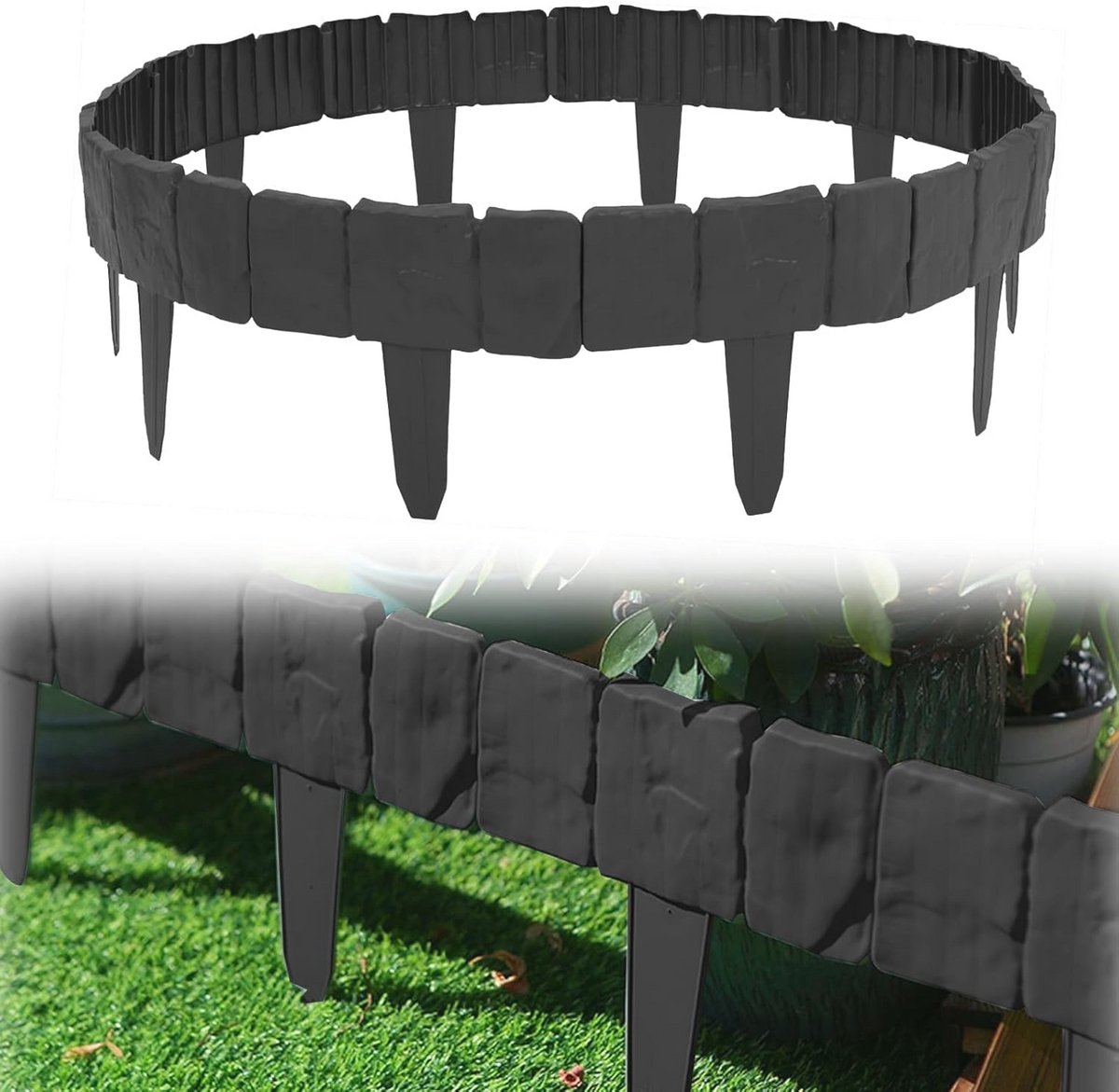 Gazonrand in Steen-look - 20 Stuks Zwart 25 cm x 23 cm - Kunststof Perkomranding voor Tuin