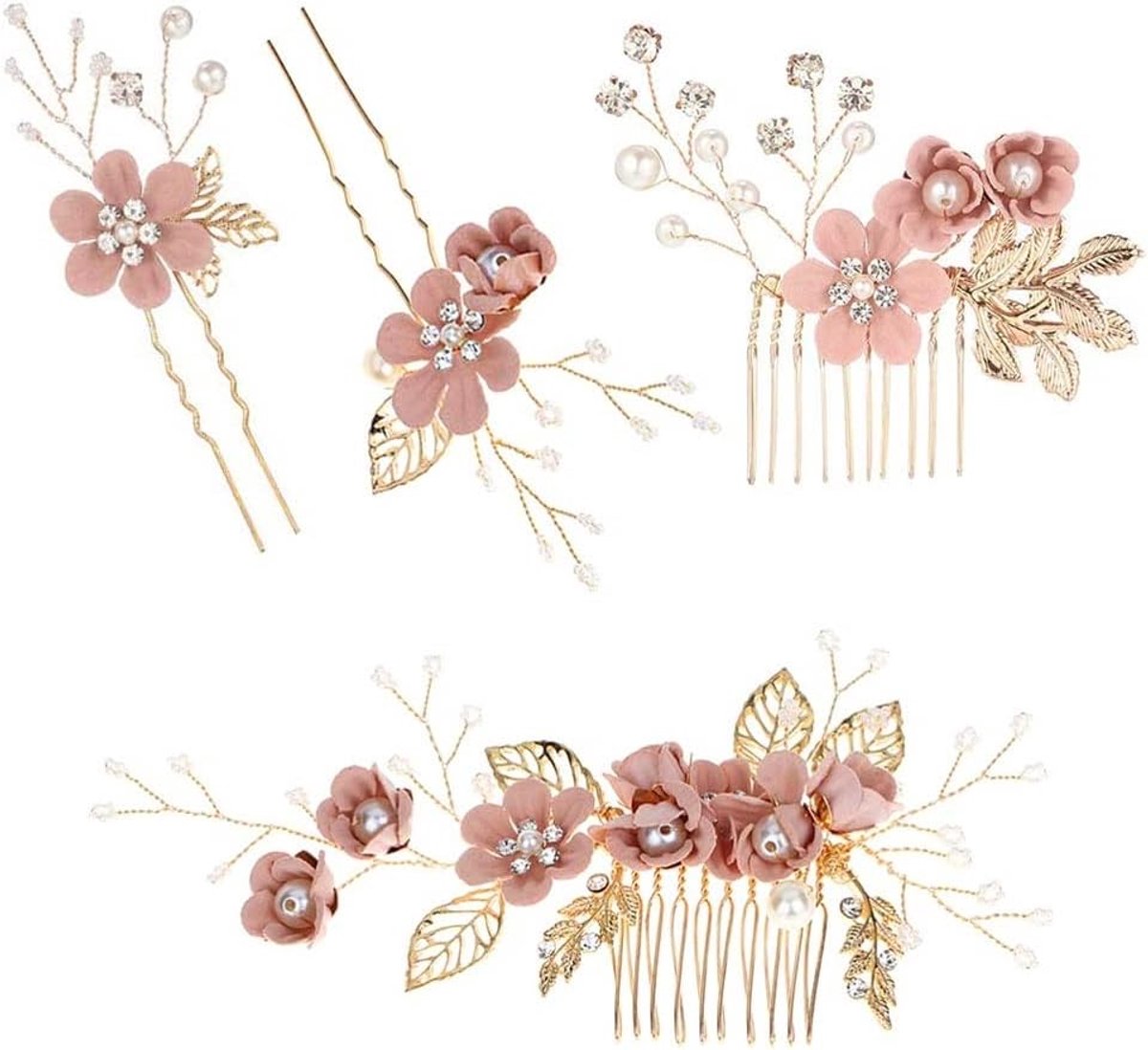 Haaraccessoires - Bruidskam - 4 Stuks - Parels - Bloemen - Strass - Bruidsmeisje - Roze Bloem