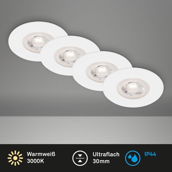 Vier ronde, witte LED inbouwspots met tekst 'Warmweiß 3000K', 'Ultraflach 30mm' en 'IP44'.