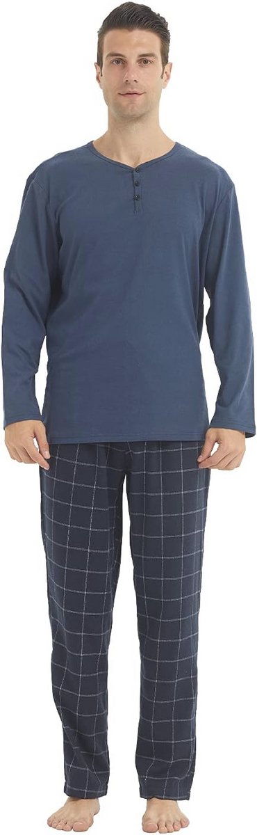Heren Lounge Kledingset - Thermisch Henley Shirt en Flanellen Pyjamabroek