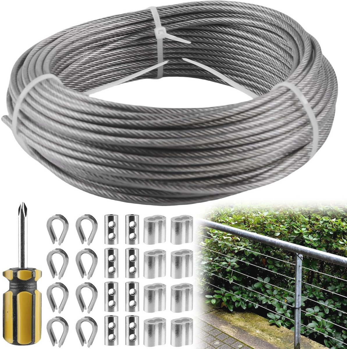 Roestvrijstalen Draadkabel 3 mm, 20 m met PVC-coating en Aluminium Hulzen