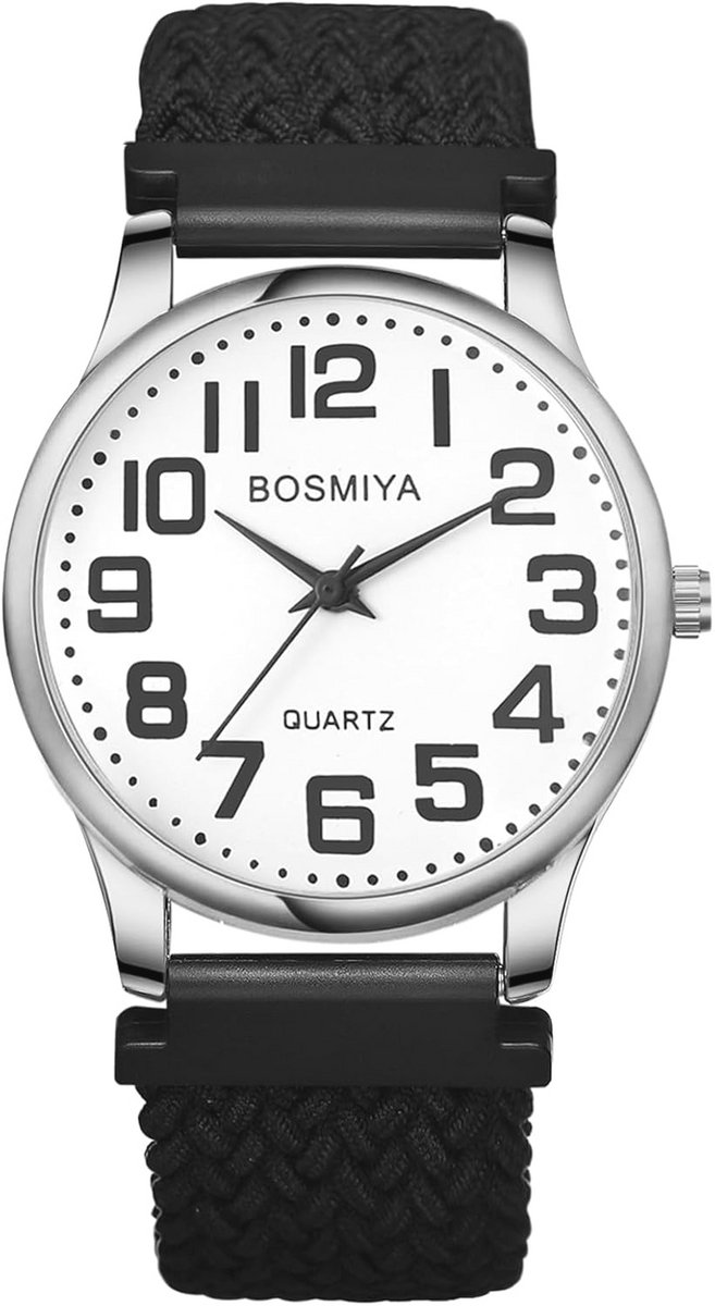 Gevlochten elastisch horloge voor dames, heren en kinderen - Eenvoudig analoog kwartshorloge met grote cijfers en gouden behuizing