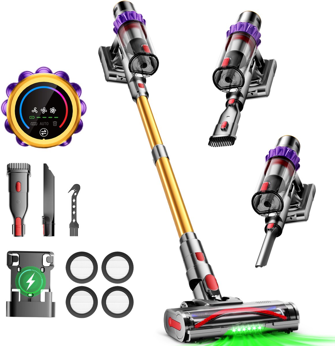 Authmic Steelstofzuiger – 550W Steelstofzuiger Draadloos – 65000Pa Zuigkracht – LED Display – 4 HEPA Filters – 3 Zuigstanden – 70 Min Gebruikstijd – Voor Tapijt, Harde Vloeren en Dierenharen