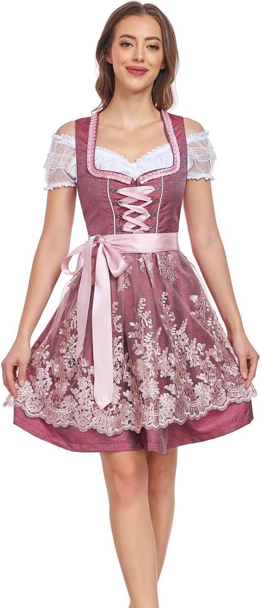 Midi Dirndl voor Dames - Wijnrood, 3-delig voor Oktoberfest en Feestelijke Gelegenheden