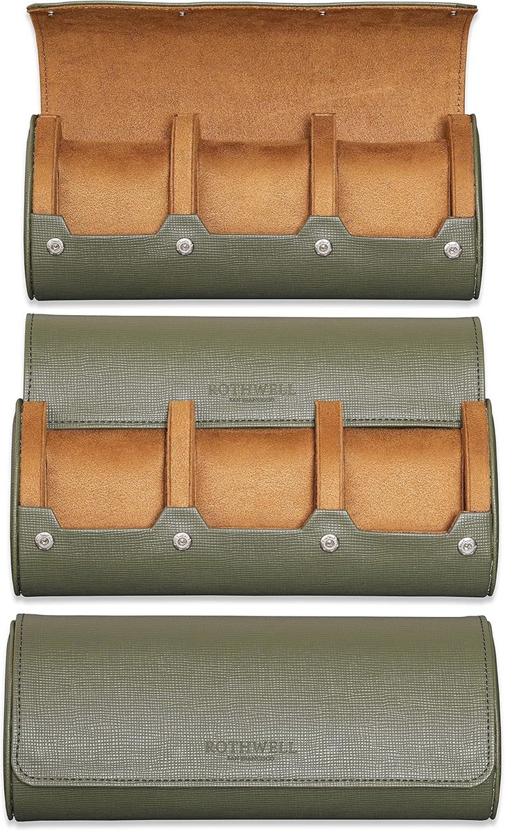 Reis Etui voor 3 Horloges | Stevige Bescherming voor alle Horloges en Smartwatches tot 50mm (Groen-Tan)