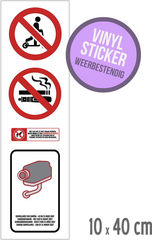 Foto: Pictogram vinyl sticker steps roken vapen honden verboden camerawetgeving 10 x 40 cm camerabewaking hygi nische redenen winkel geen huisdieren toegelaten e step rookvrij raamsticker zelfklevend 1 stuk