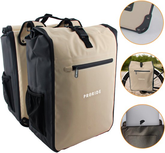 Dubbele Fietstas Proride Rolltop - 100% Waterdicht E-bike - 40 Liter - Fietstassen Electrische Fietsen - Geschikt voor MIK adapter - Bagagedrager - Beige