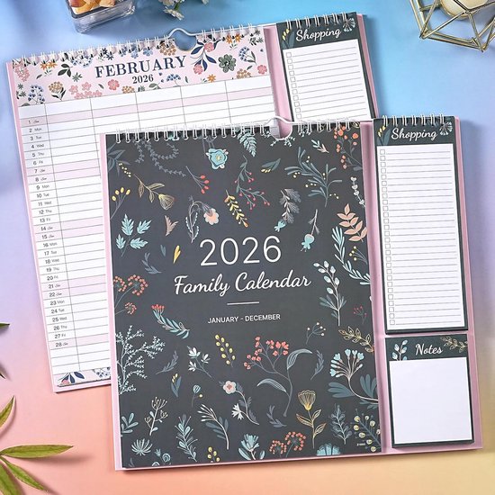 Familiekalender 2026 met 5 kolommen en boodschappenlijst