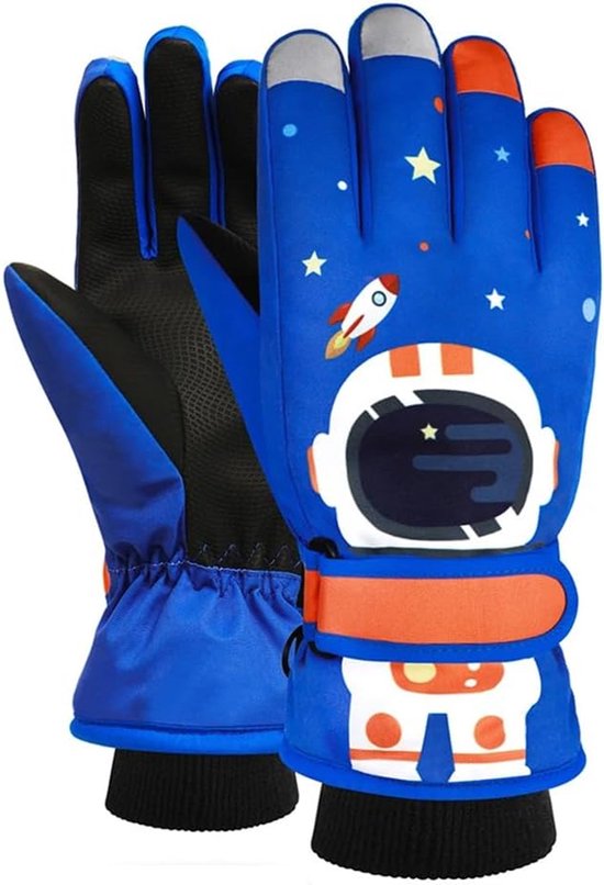 Blauwe kinderhandschoenen met ruimtevaarder en raket print. Oranje banden en zwarte polsboorden.
