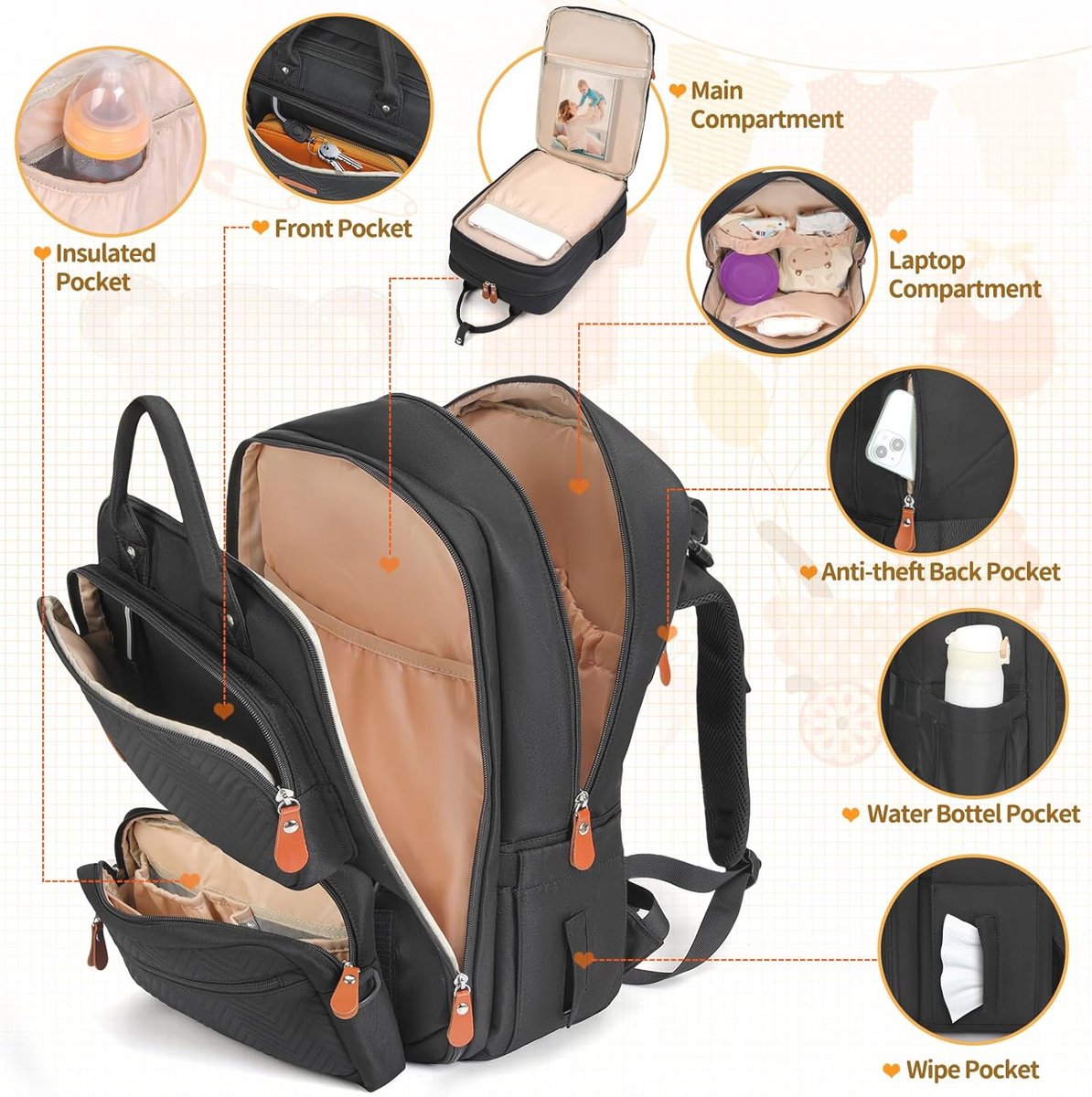 Waterdichte Baby Luiertas Rugzak met Verschoningsmatje - Multifunctionele Babytas voor Ouders – foto 7