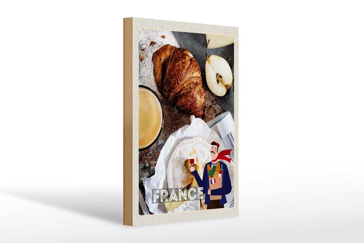 Femer Holzschild Reise 20x30cm Frankreich Kaffee Croissant Birne