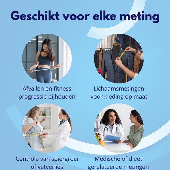 Collage van vier afbeeldingen: vrouw meet taille, pak op paspop, arts meet vrouw, arts bij patiënt.