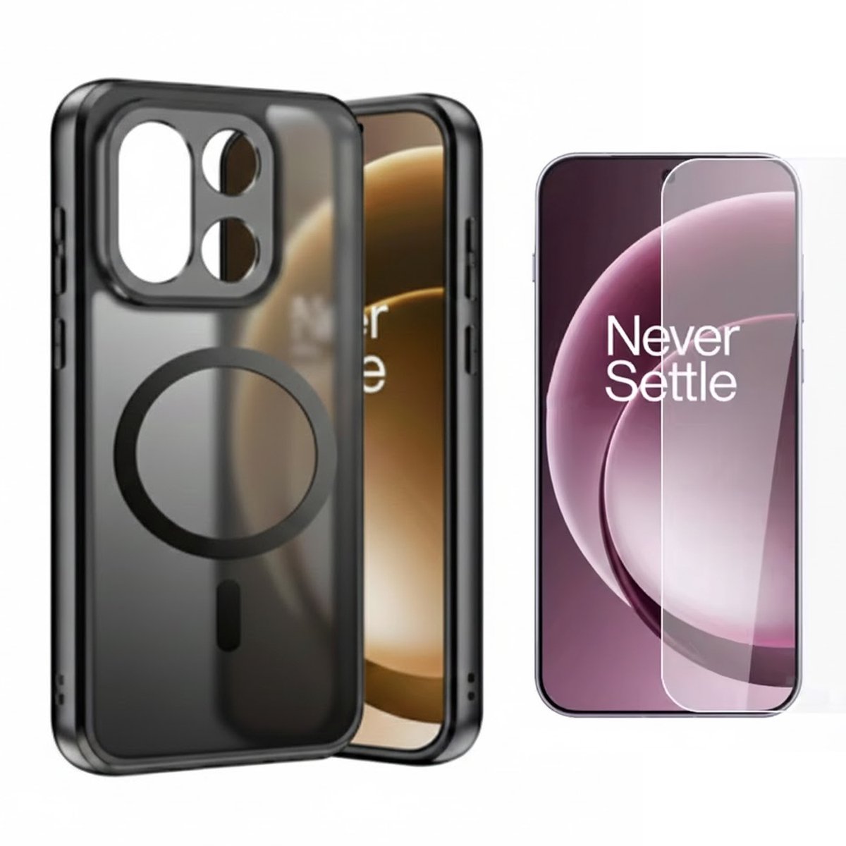Hoesje en Glas Geschikt voor OnePlus 15 - Zwart - Geschikt voor MagSafe - Casemania Matte Armor Magnetisch Back Cover - Telefoonhoesje met Camerabescherming + 1x Tempered Glazen Screenprotector