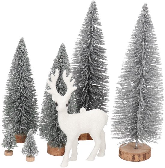 Deko - Mini Sapin Artificiel de Noël - 10 cm - Argent avec Glitter - Pour Village de Noël & Décoration - 1 Pièce