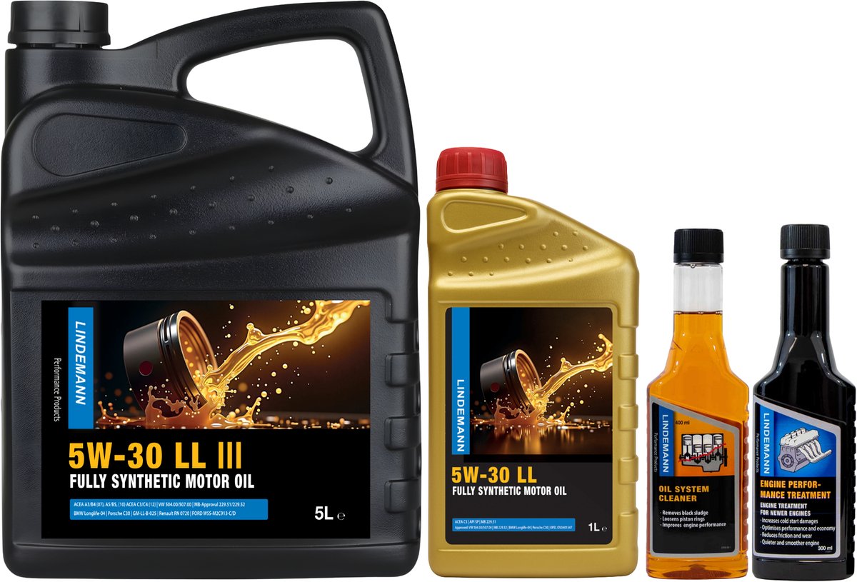 Lindemann Olieverversing Set en Bescherming - Motorolie 5W-30 LL 5L + 1L - Oil System Cleaner (Motor Reiniger) - Engine Performance Treatment (Olie Additief)