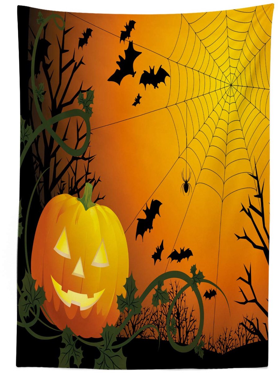 Spinnenweb-tafelkleed – 140x200 cm – Satijn, Binnen/Buiten – Oranje/Groen/Zwart
