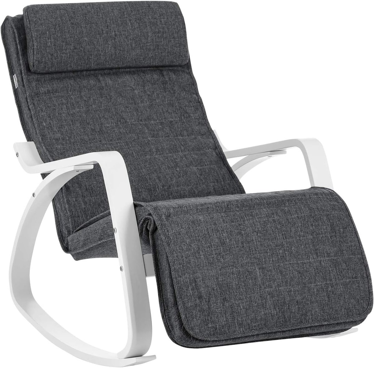 SONGMICS berken schommelstoel, relax-fauteuil, voetsteun in 5 standen verstelbaar, bekleding van imitatielinnen, belastbaar tot 150 kg, woonkamer en slaapkamer, donkergrijs
