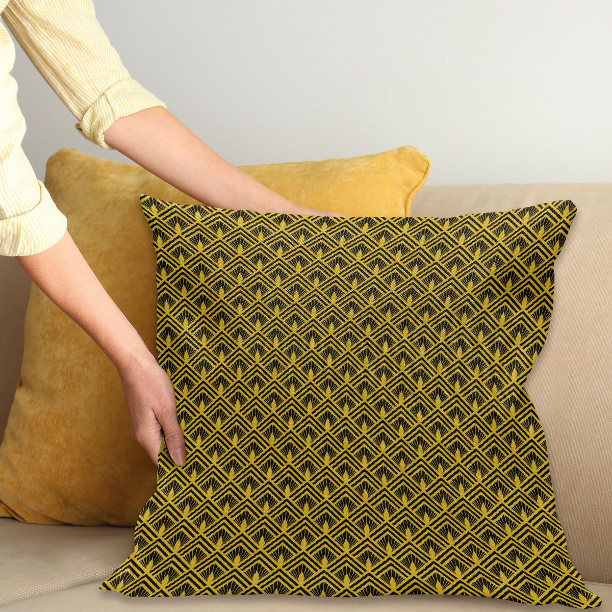 ABAKUHAUS Kussenhoes – Geel/Antraciet – Art-Deco – 40x40 cm – dubbelzijdig bedrukt, rits Geel Antracietgrijs