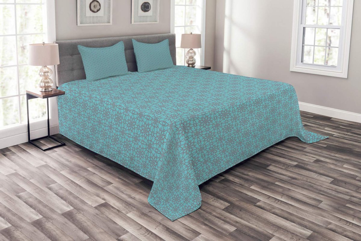 ABAKUHAUS Damast Bedsprei – Geometrisch patroon 264×220 cm – Aqua/Purpleblue